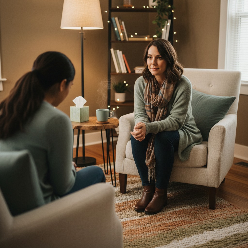 A therapist sits in an armchair listening attentively to a client in a cozy office.